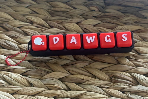 Keychain with red square buttons spelling 'DAWGS' on a woven surface
